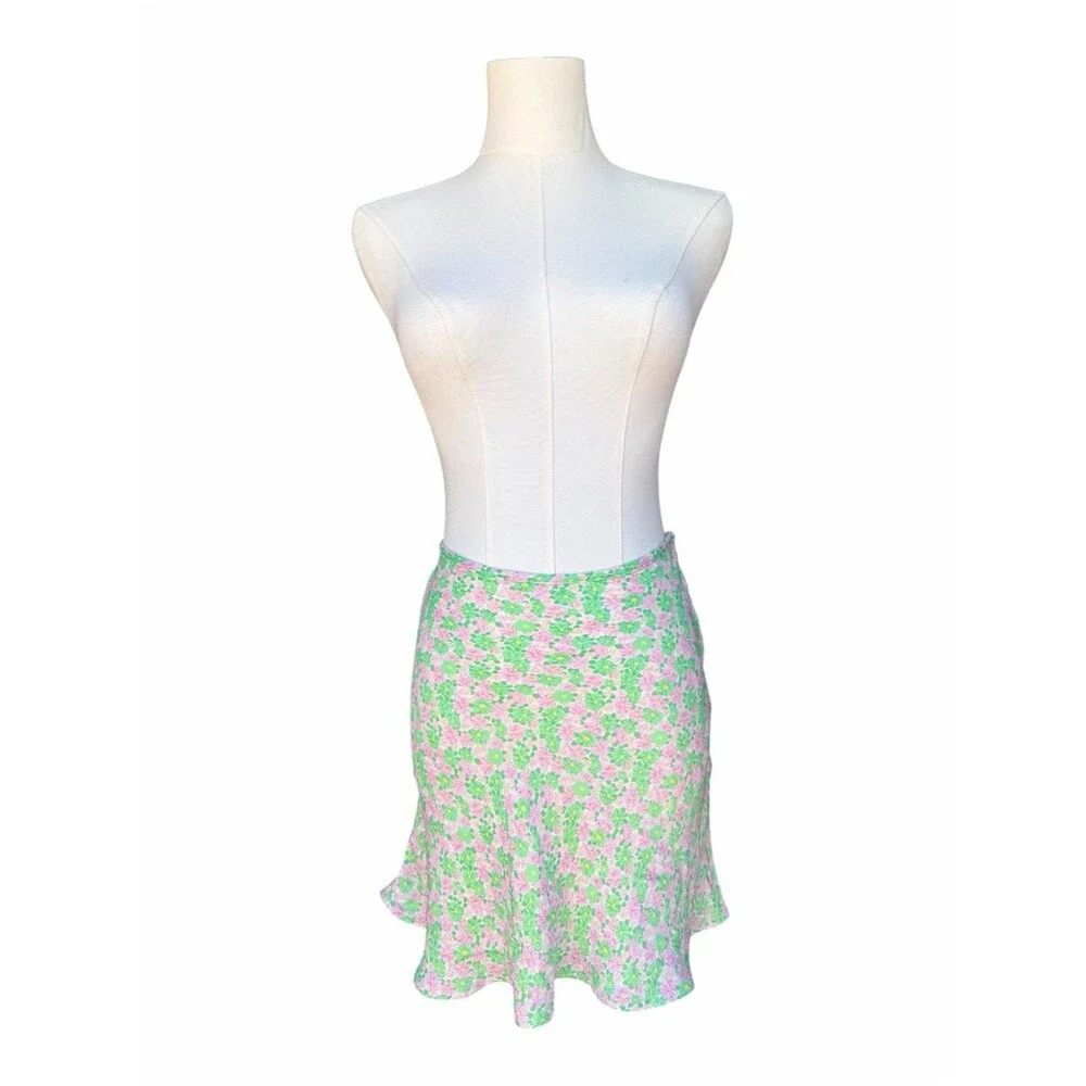 Zara Floral Mini Skirt Green Pink A-Line Cottagecore Y2K Spring Medium Short